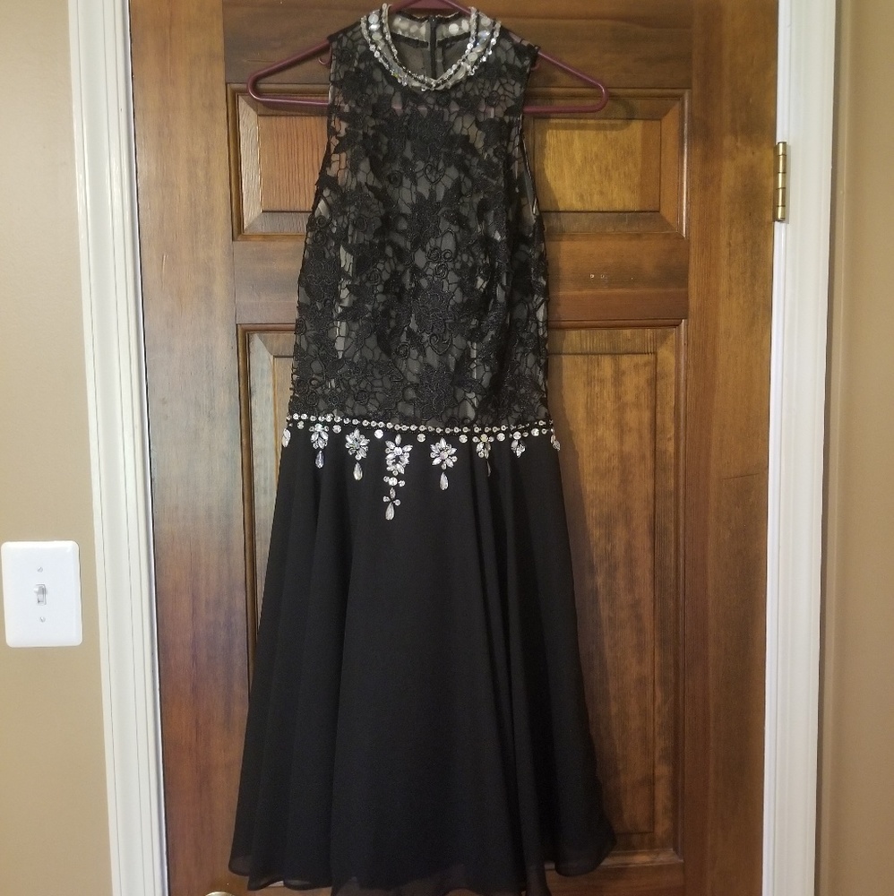 Black lace and stoned homecoming dress.